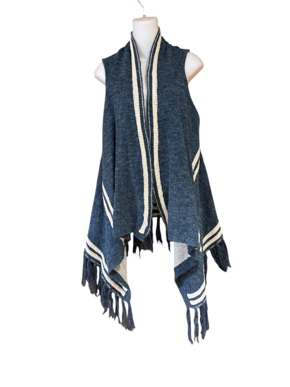 Ethereal by Anthropologie Navy Blue Fringe Knit Vest Cream Trim Womens Medium